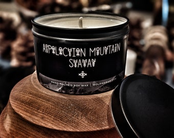 8oz Black Tin Appalachian Mountain Shaman Candle | Leaves | Birch | Mountain Air