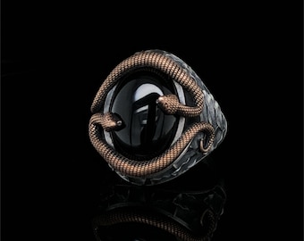 Snake Onyx Sterling Silver Ring, Snake Symbol Black Gemstone Ring, Eternal Lover Statement Ring, 13×18mm Oval Onyx Gemstone Ring