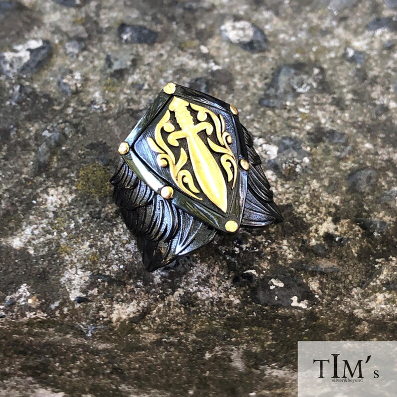 Men/'s Double Sword Ring Mytology Magic Cool Gift Him Vintage Handmade Heraldic Design Ring Oxidized Engraved Sterling Silver Jewelry