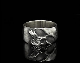 Oxidized Silver Gothic Skull Ring, Sterling Silver Biker Jewelry for Men