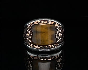 Custom Sterling Silver Men's Ottoman Seal Ring with Tiger's Eye, Vintage Signet Jewelry Gift