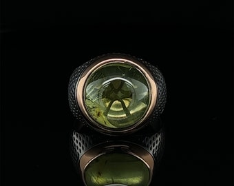 Amber Gemstone Sterling Silver Ring, Elegant Men&#39;s Ring, Amber Jewelry, Wedding Band, Statement Ring, Unisex Ring, Green Amber Ring