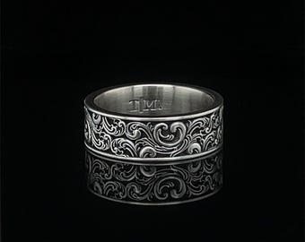 Antique Style Floral Pattern Ring, 925 Sterling Silver Unisex Ornament Band
