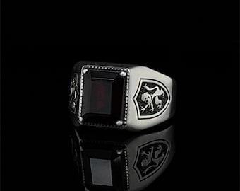 Lion Garnet Ring for Him, Sterling Silver Men's Signet, Handmade Engagement Ring