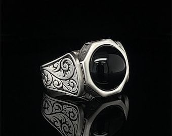 Unique Chunky Onyx Ring, Stylish Statement Piece for Men in 925 Silver