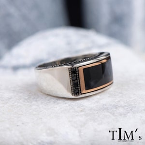 Onyx Stylish Men&#39;s Ring, Unique Sterling Silver, Swarovski Porcelain Black Stone, Inspiration Cool Jewelry, Vintage Design  Gift Gents