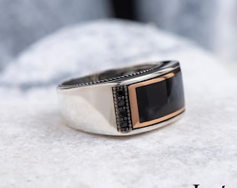 Onyx stilvolle Herren Ring, einzigartige Sterling Silber, Swarovski Porzellan schwarzer Stein, Inspiration coolSchmuck, Vintage Design Geschenk Gents