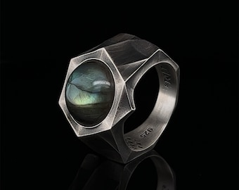 Unique Mens Geometric Ring with Labradorite, Statement Piece, Artisan Silver Jewelry