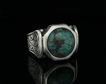 Gemstone Turquoise Silver Ring, Blue Ring For Men, Bohemian Turquoise Ring, Turquoise Jewelry, Designer Band, Green Blue Stone Ring