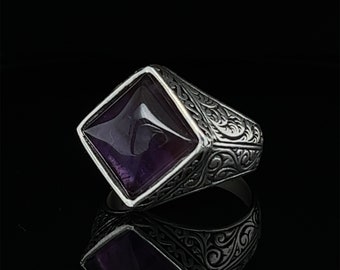 Natuurlijke Amethist Sterling zilveren ring, vintage verlovingsring, sieraden, handgemaakt, elegante herenring, AAA kwaliteit edelsteen ring, cadeau hem