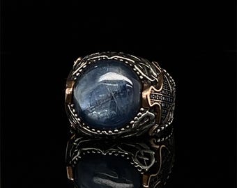 Sterling Silver Kyanite Ring for Men, Genuine Blue Gemstone, 16mm Cabochon