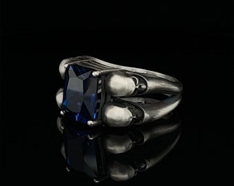 Geoxideerde sterlingzilveren schedelring, Lab Sapphire Biker-sieraden, gotische unisex ring