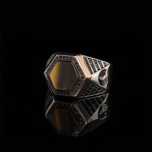 Tiger&#39;s Eye Sterling Silver Signet Ring, Ottoman Style, Geometric Brown Stone, Custom Symbol Ring