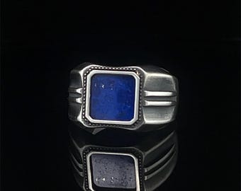 Blue Lapis Gemstone Statement Ring for Men, Sterling Silver Gift for Boyfriend