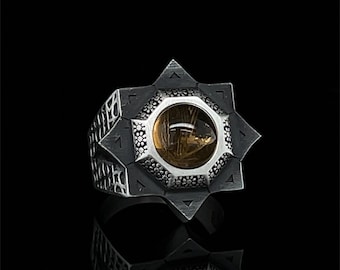 Silver Mystical Citrine Signet Ring, Unique Occult-Inspired Piece