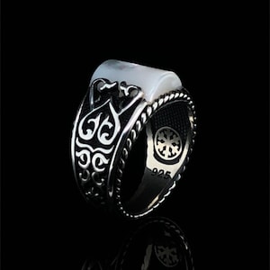 Sterling Silver Mother Of Pearl Ring, Unique Gemstone Ancient Ring, Anniversary Engraving Ring, Custom Design Jewelry, Mens Vintage Ring