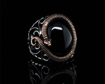 Men's Sterling Silver Onyx Snake Ring, Gothic Serpent Jewelry