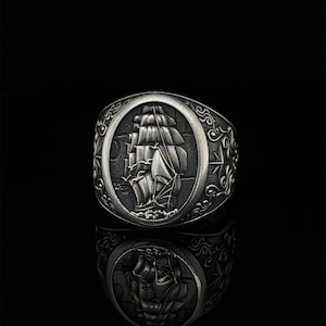 Silver Sailboat Mens Ring, Viking Pirate Ship Ring, 925k Wind Rose Anchor Ring, Seaman Jewelry, Handmade,  Chunky Ring, Gift For Men