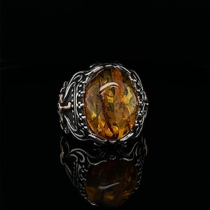 Ancient Amber Silver Men&#39;s Ring,  Vintage Design Amber Ring, Scandinavian Jewelry, Viking Norse Ring, Gemstone Baltic Amber Ring
