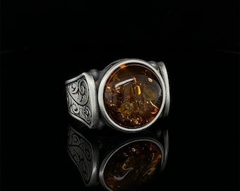 Amber Gemstone Ring, Silver Ring For Men, Baltic Amber Ring, Amber Jewelry, Handmade, Unisex Ring, Gift For Idea