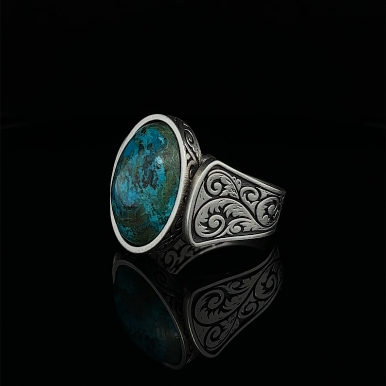 Genuine Turquoise Men's Ring - 925 Sterling Silver, 11mm Square Natural Stone, Feather Design - View #10