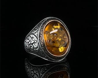 Brutalist Engraved Design Ring, Natural Baltic Amber and Silver Jewelry