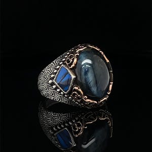 Sterling Silver Tiger Eye Ring, Unique Men's Signet with Blue Gemstone, Ancient Ottoman Style