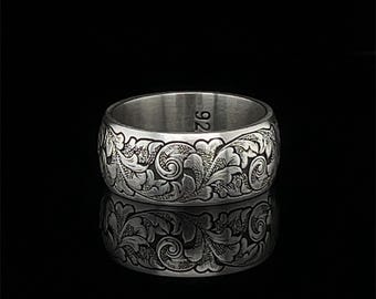 Elegant Silver Wedding Band, 10 mm Wide, Engagement Ring, Hand Engraved Band, Sterling Silver Promise Ring, Best Lover Gift
