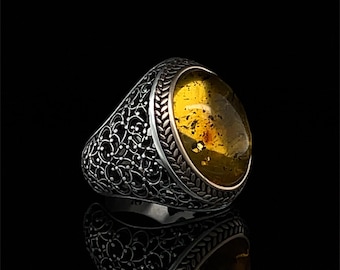 Elegantly Amber Jewelry, Sterling Silver Signet Style, Unique Statement Piece, 15x20mm Oval Gemstone