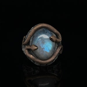 Moonstone Snake Sterling Silver Ring, Moonstone Jewelry, Animal Ring, Handmade, Snake Silver Ring, Rainbow Moonstone Snake Wrap Ring