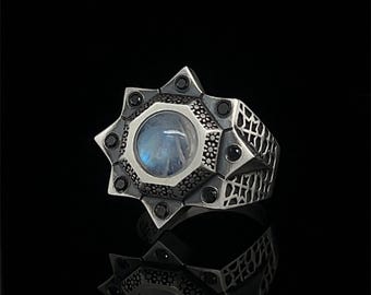 Elegant Moonstone and Black Diamond Sterling Silver Ring, Mystical Star Design