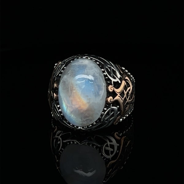 Celtic Moonstone Silver Ring, Rainbow Oval Gemstone Ring, Medieval Jewelry, Celtic Band in Vintage Style 925 Sterling Silver Ring