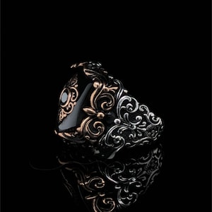 Men&#39;s Onyx Anniversary  Sterling Silver Ring, Black Gemstone, Elegant Design Turkish Ottoman Jewelry, Custom Alternative Fantasy Ring