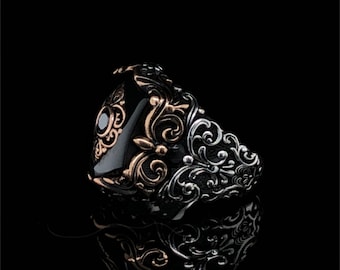Men&#39;s Onyx Anniversary  Sterling Silver Ring, Black Gemstone, Elegant Design Turkish Ottoman Jewelry, Custom Alternative Fantasy Ring