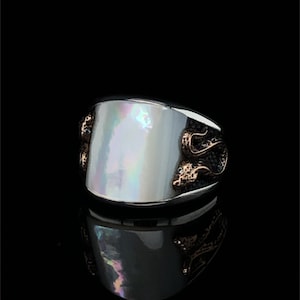Vintage Mother Of Pearl Men&#39;s Ring, Unique Sterling Silver, Handmade Jewelry, Snake Design Eternity Ring,  Magic Gift Manly, Statement Ring