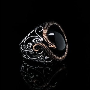 Men&#39;s Onyx Ring, Snake Symbol Black Gemstone Ring, Serpent Jewelry, Eternal Lover Statement Ring, Gothic Design Snake Mens Ring Gift Ideas