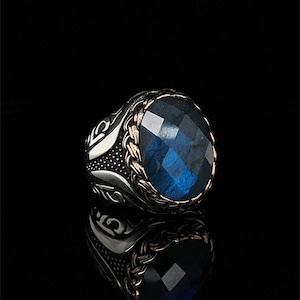 Elegant Labradorite Statement Ring, Sterling Silver Ring, Labradorite Jewelry, 15×20mm Blue Cut Labradorite Ring, Genuine Ring For Men