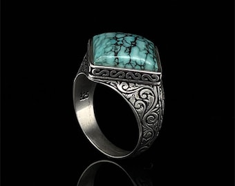 Vintage Silver Blue Turquoise Gemstone Ring, Gothic Statement Piece, Stylish Gift For Him