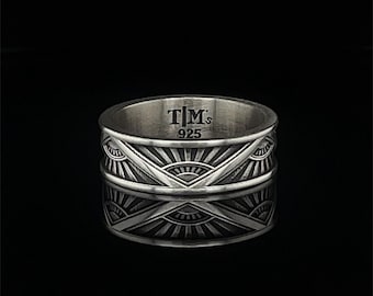 Engraved Art Deco Sterling Silver Wedding Band, 8mm Wide, Vintage Inspired Ring