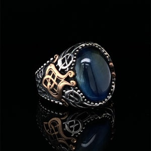 Unique Men&#39;s Celtic Ring, Tiger&#39;s Eye  Natural Blue Gemstone Ring, Medieval Jewelry, Celtic Band in Vintage Style 925 Sterling Silver Ring