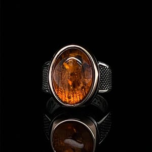 Stylish Amber Ring for Men, Unique Statement Jewelry, Natural Baltic Stone