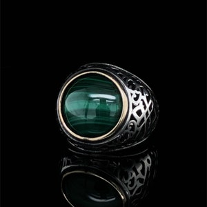 Malachite Celtic Design Ring, Gemstone  Wedding Band, Cabochon Stone Ring, Greek Jewelry, Gothic Sterling Silver Ring, Men's Signet Ring