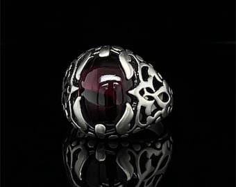 Minimalist 925 Sterling Silver Red Garnet Signet Ring, Unisex Oval Pinky Gemstone Statement