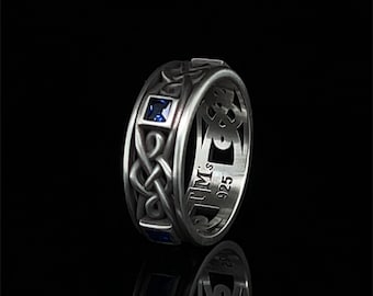 Sterling Silver Celtic Knot Ring, Sapphire Triquetra Wedding Band, 8mm Width