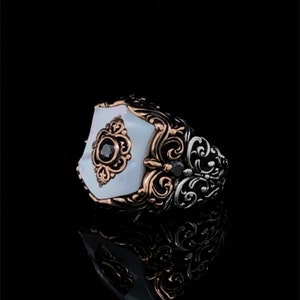 Men Pearl Ring, Mother Of Pearl Stone Art Nouveau Men Ring, Shield Design Silver Promise Ring, Carved Edwardian Heraldic Signet Jewelry