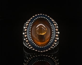 Baltic Amber Statement Ring, Unisex Sterling Silver Band, Elegant Amber Jewelry