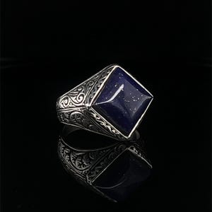 Square Lapis Lazuli Gemstone Ring, Sterling Silver Band, Vintage Sytle Lapis Lazuli Ring, Blue Lapis Lazuli Ring, Wedding Anniversary Ring