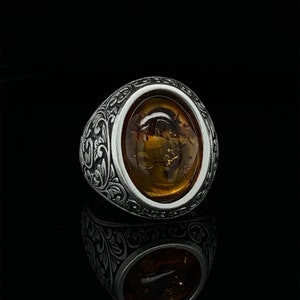 Amber Gemstone Ring, Elegant Men's Ring, Amber Jewelry, Wedding Band, Statement Ring, Baltic Amber Ring, Sterling Silver Ring