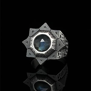 King Solomon Silver Ring, Men&#39;s Handmade Ring, Labradorite Jewelry, Occult Ring, Octagram Magic Ring, Geometric Design Sterling Silver Ring