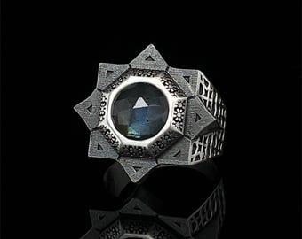 King Solomon Silver Ring, Men&#39;s Handmade Ring, Labradorite Jewelry, Occult Ring, Octagram Magic Ring, Geometric Design Sterling Silver Ring